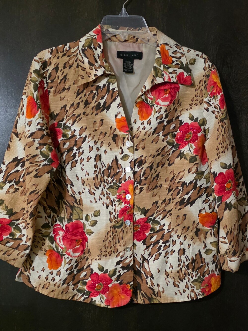 Vintage SilkLand Women’s Silk Floral Animal Print Button-down Beaded Top Sz L